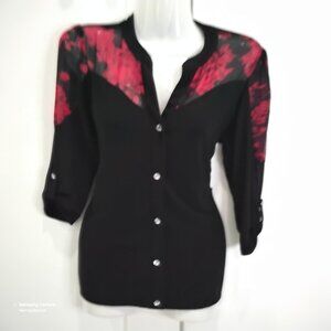 Atelier 29 Rhinestone Black & Red Floral Faux Button-Up Blouse 1/2 Sleeve NWT M